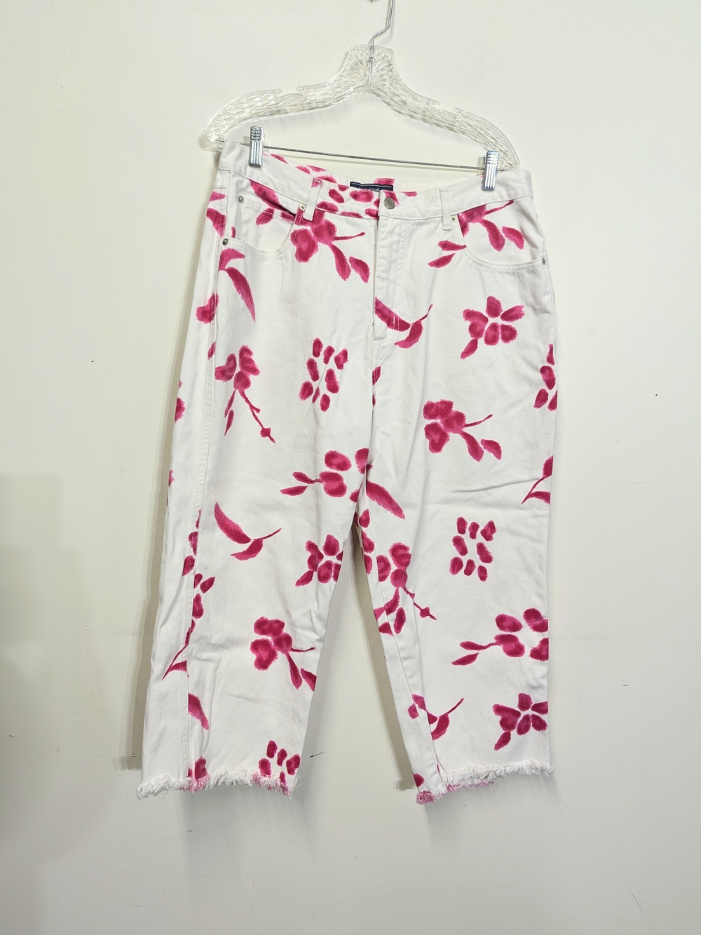 Jamie Nicole White Printed Barrel Jeans White Pink Abstract Floral Wide Leg 16